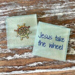 2pc Jesus Take the Wheel Resin Drink Coasters Set of 2 Lord Bible Beach House
